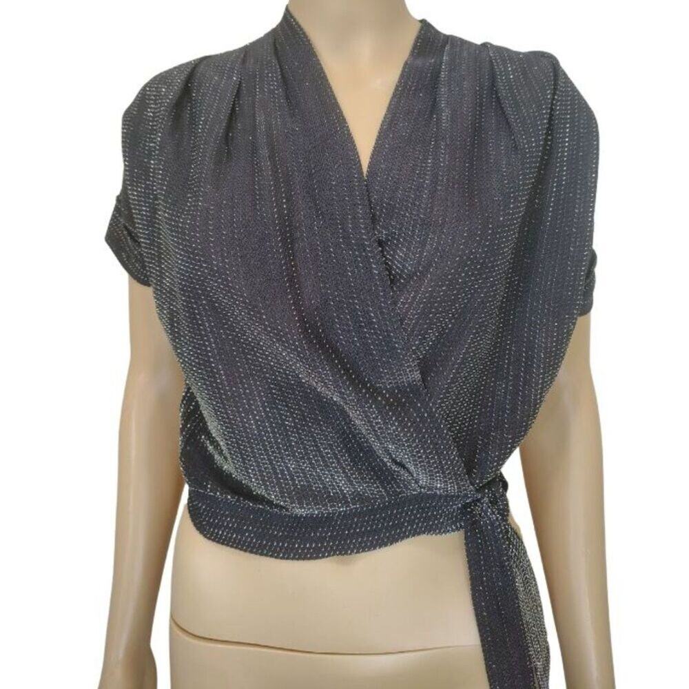 1970s Disco Cropped Black Silver Metallic Thread Short Sleeve V Neck Top Size Sm